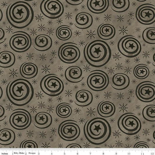 Image of Spooky Stars and Swirls Tombstone quilting cotton fabric by Teresa Kogut for Riley Blake Designs. Features stars on a gray background. Cute Little Fabric Shop.