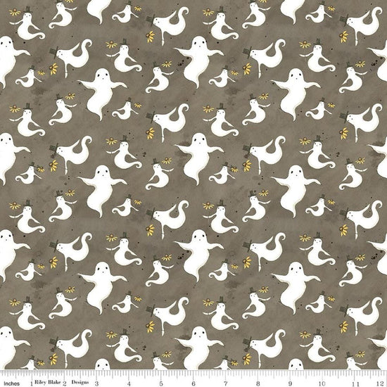Image of Spooky Ghosts Tombstone quilting cotton fabric by Teresa Kogut for Riley Blake Designs. Features ghosts on a gray background. Cute Little Fabric Shop.