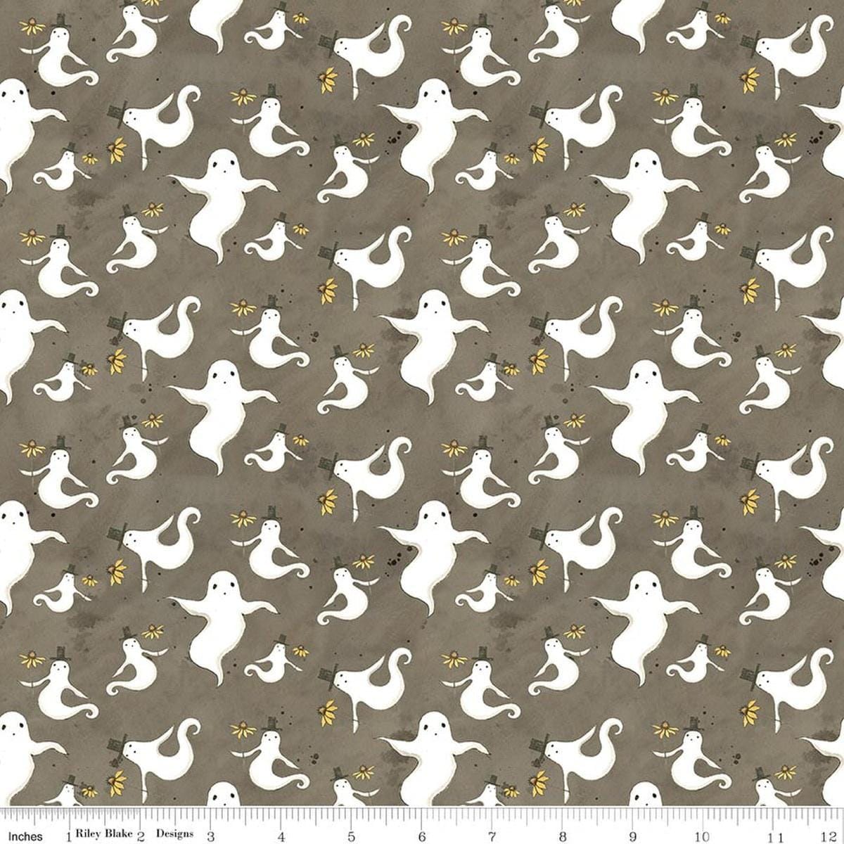Image of Spooky Ghosts Tombstone quilting cotton fabric by Teresa Kogut for Riley Blake Designs. Features ghosts on a gray background. Cute Little Fabric Shop.