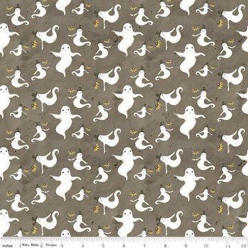 Image of Spooky Ghosts Tombstone quilting cotton fabric by Teresa Kogut for Riley Blake Designs. Features ghosts on a gray background. Cute Little Fabric Shop.