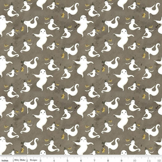 Image of Spooky Ghosts Tombstone quilting cotton fabric by Teresa Kogut for Riley Blake Designs. Features ghosts on a gray background. Cute Little Fabric Shop.