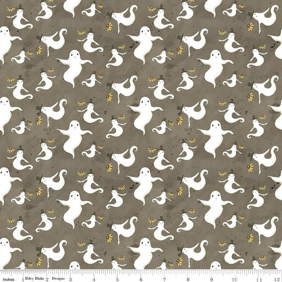 Image of Spooky Ghosts Tombstone quilting cotton fabric by Teresa Kogut for Riley Blake Designs. Features ghosts on a gray background. Cute Little Fabric Shop.