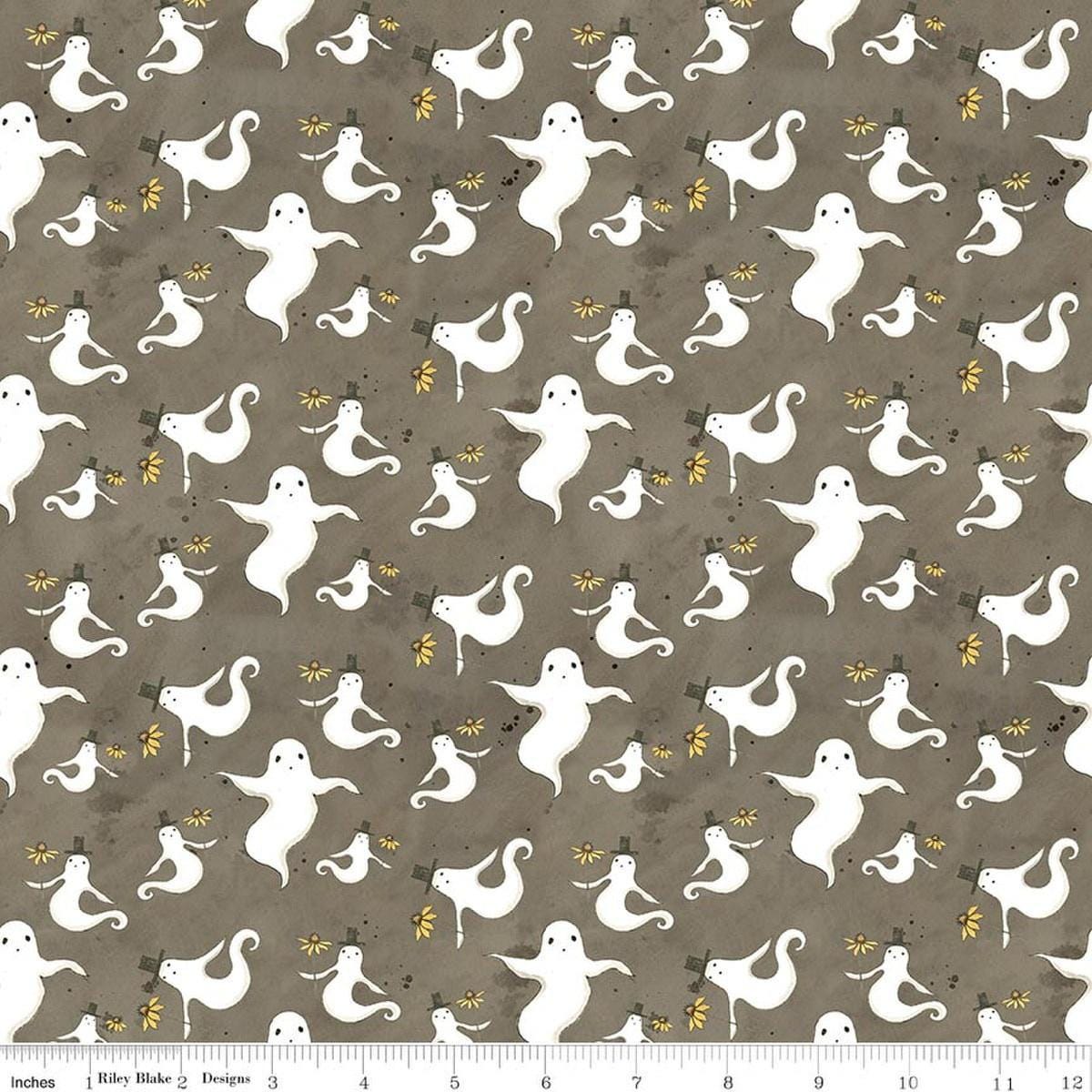 Image of Spooky Ghosts Tombstone quilting cotton fabric by Teresa Kogut for Riley Blake Designs. Features ghosts on a gray background. Cute Little Fabric Shop.