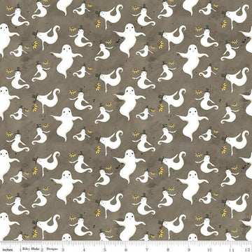 Image of Spooky Ghosts Tombstone quilting cotton fabric by Teresa Kogut for Riley Blake Designs. Features ghosts on a gray background. Cute Little Fabric Shop.