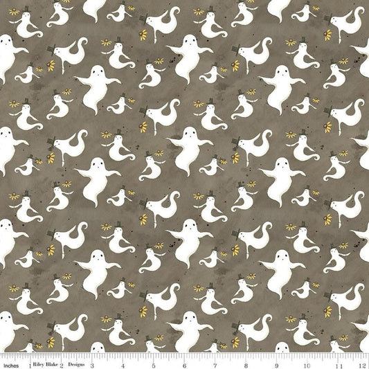 Image of Spooky Ghosts Tombstone quilting cotton fabric by Teresa Kogut for Riley Blake Designs. Features ghosts on a gray background. Cute Little Fabric Shop.