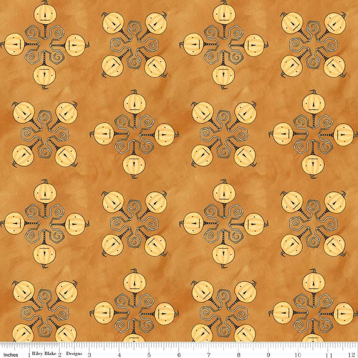 Image of Spooky Jacks Orange quilting cotton fabric by Teresa Kogut for Riley Blake Designs. Features pumpkins on an orange background. Cute Little Fabric Shop.