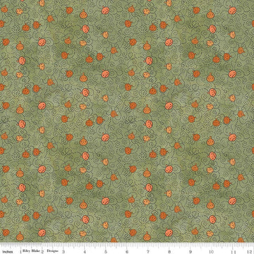 Image of Spooky Pumpkins Green quilting cotton fabric by Teresa Kogut for Riley Blake Designs. Features pumpkins on a green background. Cute Little Fabric Shop.