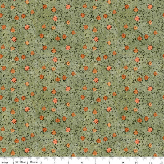 Image of Spooky Pumpkins Green quilting cotton fabric by Teresa Kogut for Riley Blake Designs. Features pumpkins on a green background. Cute Little Fabric Shop.