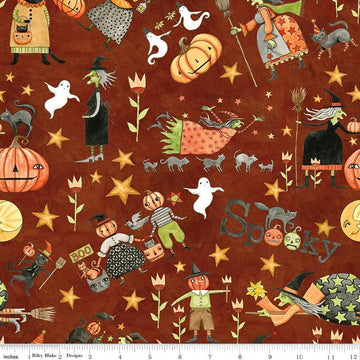 Image of Spooky Main Rusty Oak quilting cotton fabric by Teresa Kogut for Riley Blake Designs. Features halloween characters on a red background. Cute Little Fabric Shop.