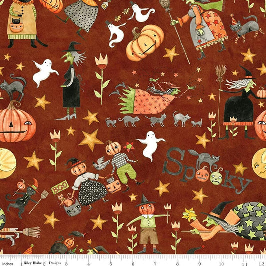 Image of Spooky Main Rusty Oak quilting cotton fabric by Teresa Kogut for Riley Blake Designs. Features halloween characters on a red background. Cute Little Fabric Shop.