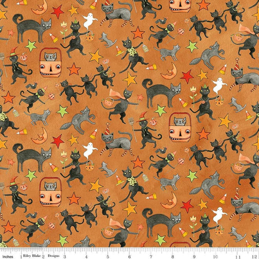 Image of Spooky Cats Orange quilting cotton fabric by Teresa Kogut for Riley Blake Designs. Features cats on an orange background. Cute Little Fabric Shop.