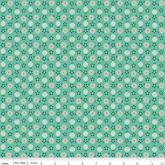 Image of Berry & Sage Apron Leaf quilting cotton fabric by Lori Holt for Riley Blake Designs. Features flowers on a green background. Cute Little Fabric Shop.