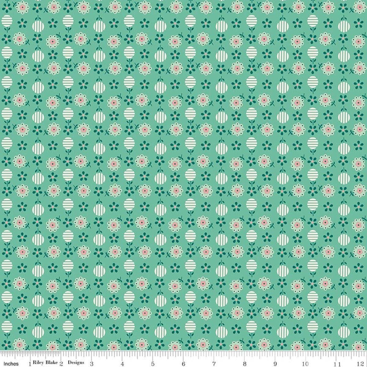 Image of Berry & Sage Apron Leaf quilting cotton fabric by Lori Holt for Riley Blake Designs. Features flowers on a green background. Cute Little Fabric Shop.