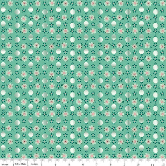 Image of Berry & Sage Apron Leaf quilting cotton fabric by Lori Holt for Riley Blake Designs. Features flowers on a green background. Cute Little Fabric Shop.