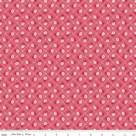 Image of Berry & Sage Calico Tea Rose quilting cotton fabric by Lori Holt for Riley Blake Designs. Features flowers on a pink background. Cute Little Fabric Shop.