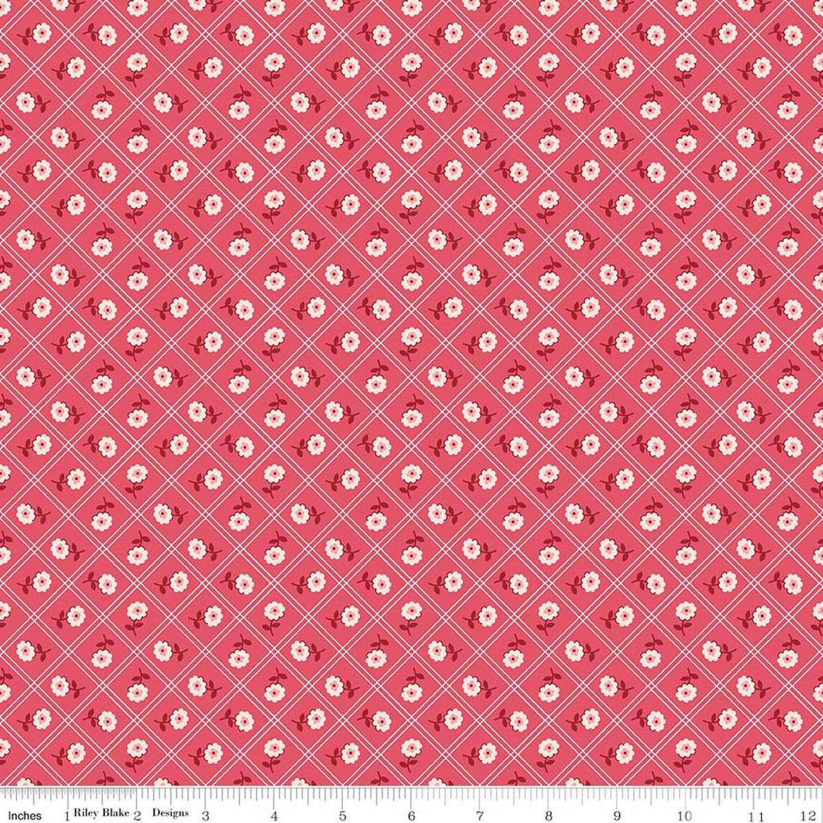 Image of Berry & Sage Calico Tea Rose quilting cotton fabric by Lori Holt for Riley Blake Designs. Features flowers on a pink background. Cute Little Fabric Shop.