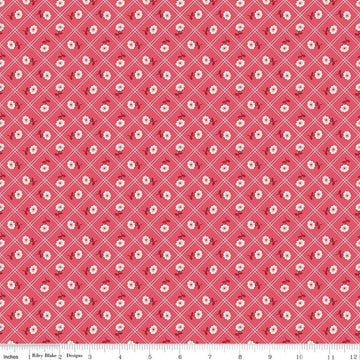 Image of Berry & Sage Calico Tea Rose quilting cotton fabric by Lori Holt for Riley Blake Designs. Features flowers on a pink background. Cute Little Fabric Shop.