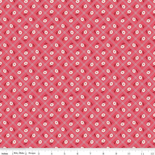 Image of Berry & Sage Calico Tea Rose quilting cotton fabric by Lori Holt for Riley Blake Designs. Features flowers on a pink background. Cute Little Fabric Shop.