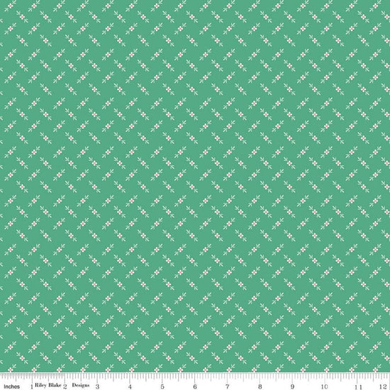 Image of Berry & Sage Flower Bud Alpine quilting cotton fabric by Lori Holt for Riley Blake Designs. Features flowers on a green background. Cute Little Fabric Shop.