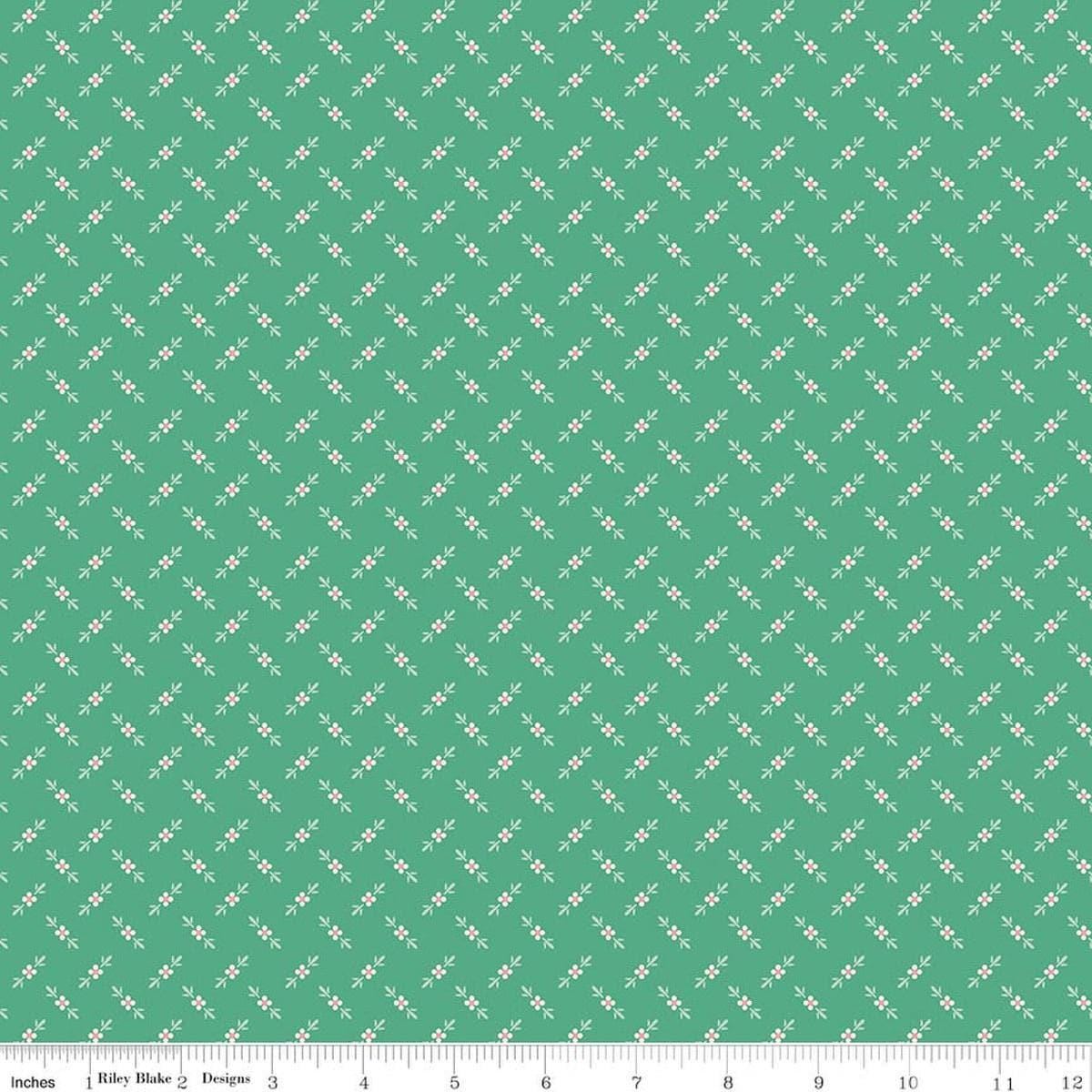 Image of Berry & Sage Flower Bud Alpine quilting cotton fabric by Lori Holt for Riley Blake Designs. Features flowers on a green background. Cute Little Fabric Shop.