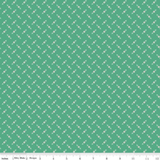 Image of Berry & Sage Flower Bud Alpine quilting cotton fabric by Lori Holt for Riley Blake Designs. Features flowers on a green background. Cute Little Fabric Shop.