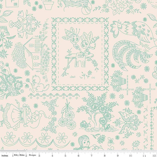 Image of Berry & Sage Embroidery Latte quilting cotton fabric by Lori Holt for Riley Blake Designs. Features printed embroidery on a cream background. Cute Little Fabric Shop.