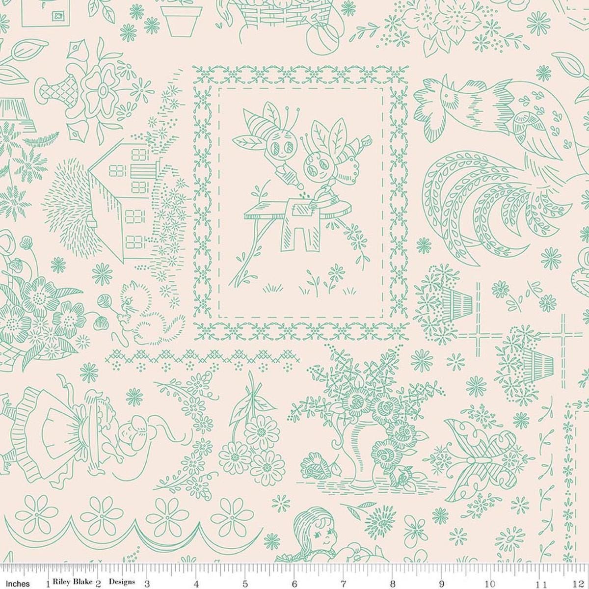 Image of Berry & Sage Embroidery Latte quilting cotton fabric by Lori Holt for Riley Blake Designs. Features printed embroidery on a cream background. Cute Little Fabric Shop.