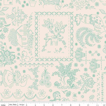 Image of Berry & Sage Embroidery Latte quilting cotton fabric by Lori Holt for Riley Blake Designs. Features printed embroidery on a cream background. Cute Little Fabric Shop.