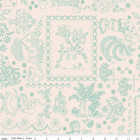 Image of Berry & Sage Embroidery Latte quilting cotton fabric by Lori Holt for Riley Blake Designs. Features printed embroidery on a cream background. Cute Little Fabric Shop.