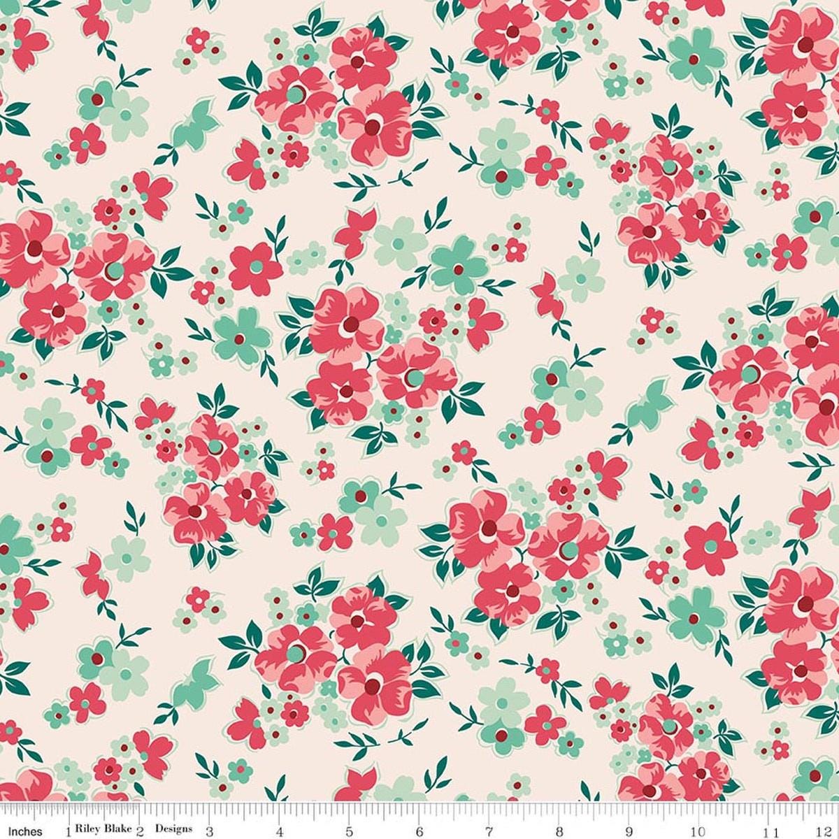 Image of Berry & Sage Floral Latte quilting cotton fabric by Lori Holt for Riley Blake Designs. Features flowers on a cream background. Cute Little Fabric Shop.