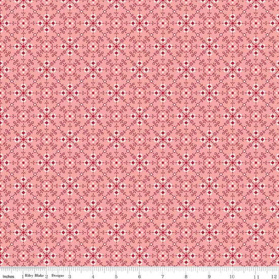 Image of Berry & Sage Homemade Coral quilting cotton fabric by Lori Holt for Riley Blake Designs. Features flowers on a pink background. Cute Little Fabric Shop.