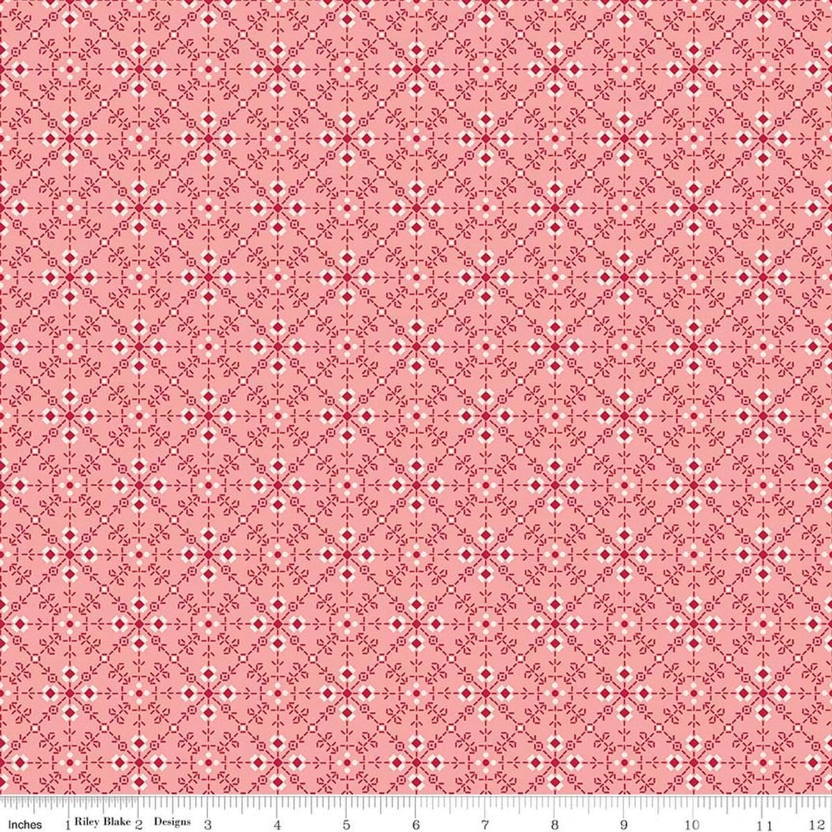 Image of Berry & Sage Homemade Coral quilting cotton fabric by Lori Holt for Riley Blake Designs. Features flowers on a pink background. Cute Little Fabric Shop.