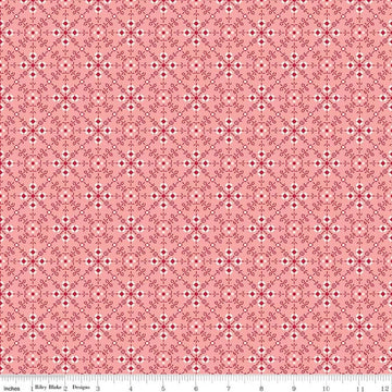 Image of Berry & Sage Homemade Coral quilting cotton fabric by Lori Holt for Riley Blake Designs. Features flowers on a pink background. Cute Little Fabric Shop.