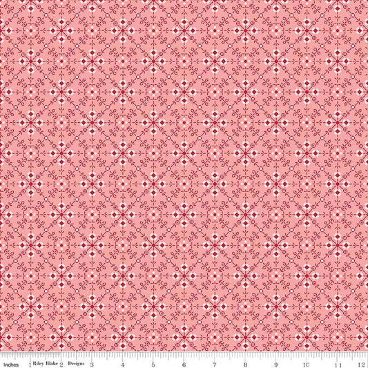 Image of Berry & Sage Homemade Coral quilting cotton fabric by Lori Holt for Riley Blake Designs. Features flowers on a pink background. Cute Little Fabric Shop.