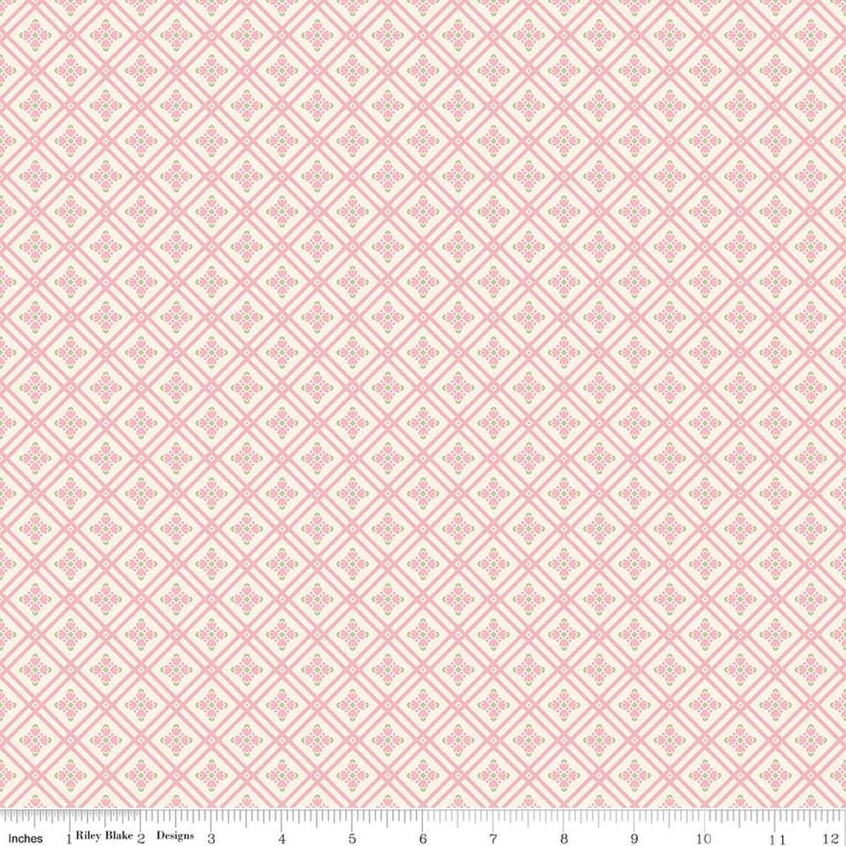 Image of Peach Cobbler Arbor Cream quilting cotton fabric by Lily Ashbury for Riley Blake Designs. Features a geometric pattern on a cream background. Cute Little Fabric Shop.