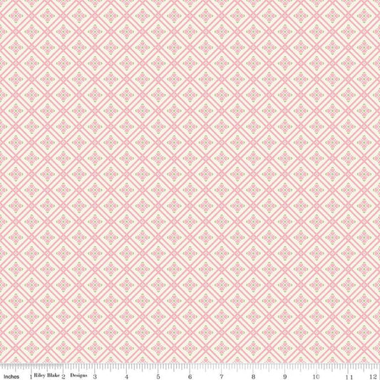 Image of Peach Cobbler Arbor Cream quilting cotton fabric by Lily Ashbury for Riley Blake Designs. Features a geometric pattern on a cream background. Cute Little Fabric Shop.