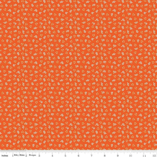 Image of Peach Cobbler Meadow Orange quilting cotton fabric by Lily Ashbury for Riley Blake Designs. Features flowers on an orange background. Cute Little Fabric Shop.