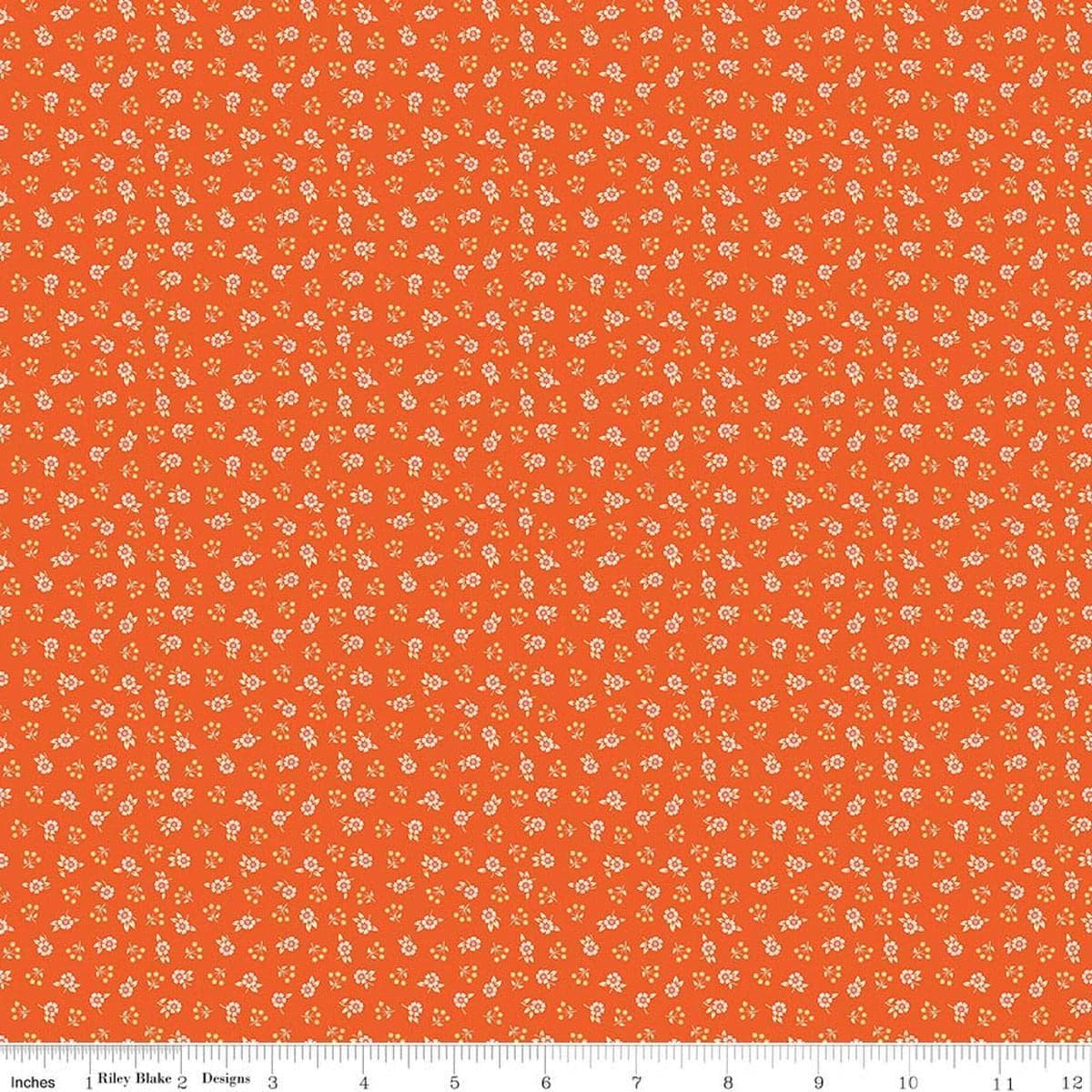 Image of Peach Cobbler Meadow Orange quilting cotton fabric by Lily Ashbury for Riley Blake Designs. Features flowers on an orange background. Cute Little Fabric Shop.