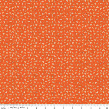 Image of Peach Cobbler Meadow Orange quilting cotton fabric by Lily Ashbury for Riley Blake Designs. Features flowers on an orange background. Cute Little Fabric Shop.