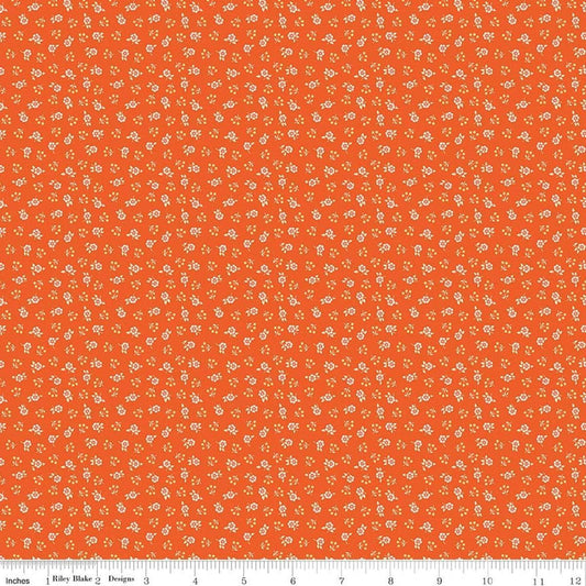 Image of Peach Cobbler Meadow Orange quilting cotton fabric by Lily Ashbury for Riley Blake Designs. Features flowers on an orange background. Cute Little Fabric Shop.