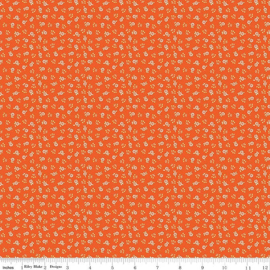 Image of Peach Cobbler Meadow Orange quilting cotton fabric by Lily Ashbury for Riley Blake Designs. Features flowers on an orange background. Cute Little Fabric Shop.