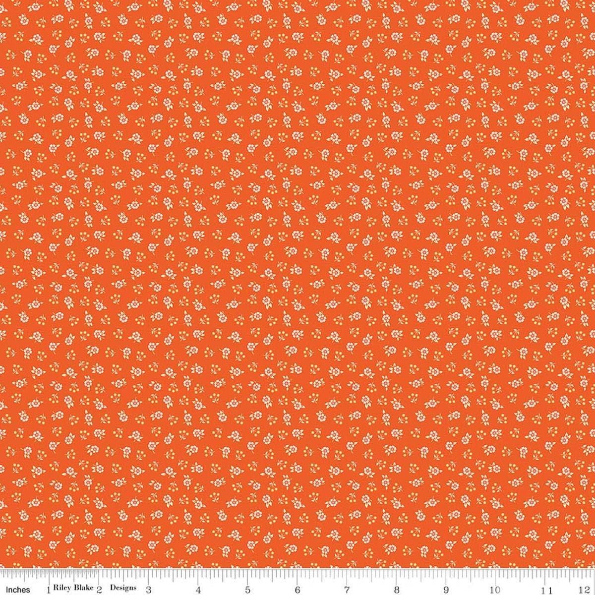 Image of Peach Cobbler Meadow Orange quilting cotton fabric by Lily Ashbury for Riley Blake Designs. Features flowers on an orange background. Cute Little Fabric Shop.