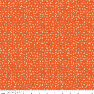 Image of Peach Cobbler Meadow Orange quilting cotton fabric by Lily Ashbury for Riley Blake Designs. Features flowers on an orange background. Cute Little Fabric Shop.