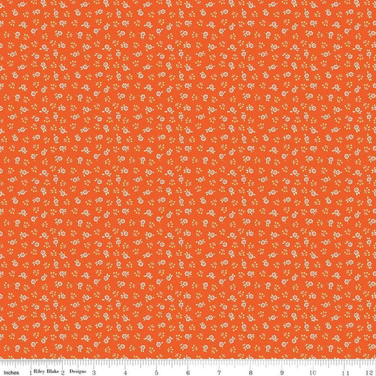 Image of Peach Cobbler Meadow Orange quilting cotton fabric by Lily Ashbury for Riley Blake Designs. Features flowers on an orange background. Cute Little Fabric Shop.