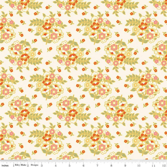 Image of Peach Cobbler Posy Cream quilting cotton fabric by Lily Ashbury for Riley Blake Designs. Features flowers on a cream background. Cute Little Fabric Shop.