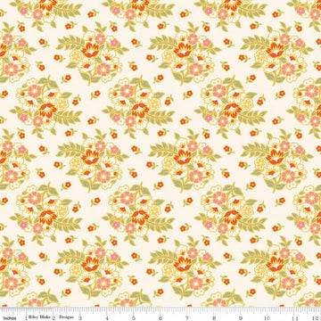 Image of Peach Cobbler Posy Cream quilting cotton fabric by Lily Ashbury for Riley Blake Designs. Features flowers on a cream background. Cute Little Fabric Shop.