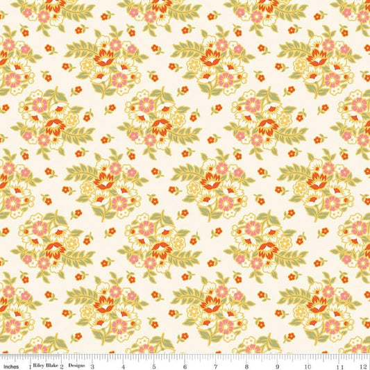 Image of Peach Cobbler Posy Cream quilting cotton fabric by Lily Ashbury for Riley Blake Designs. Features flowers on a cream background. Cute Little Fabric Shop.