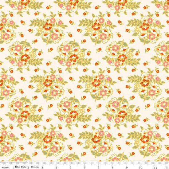 Image of Peach Cobbler Posy Cream quilting cotton fabric by Lily Ashbury for Riley Blake Designs. Features flowers on a cream background. Cute Little Fabric Shop.