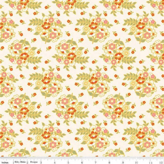 Image of Peach Cobbler Posy Cream quilting cotton fabric by Lily Ashbury for Riley Blake Designs. Features flowers on a cream background. Cute Little Fabric Shop.