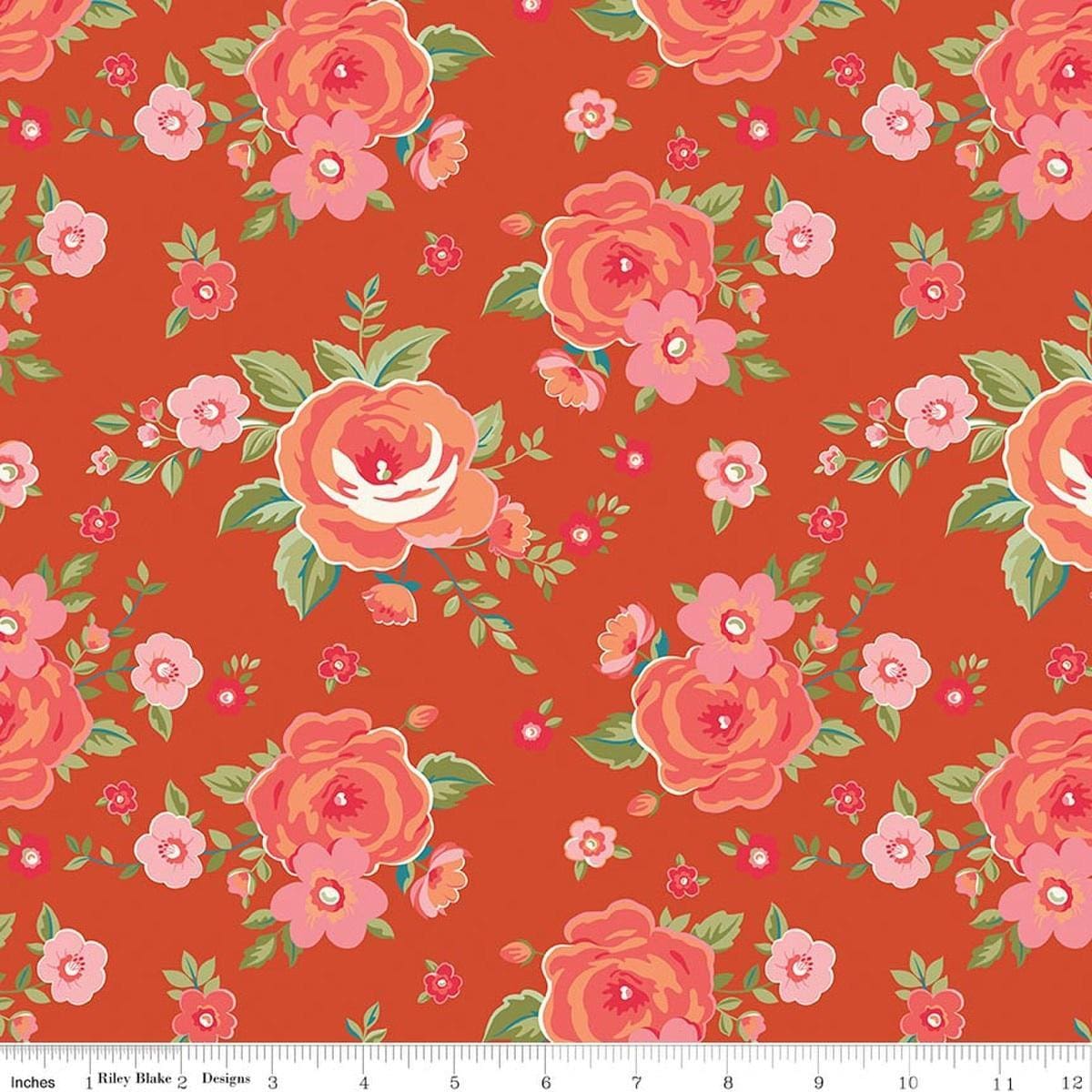 Image of Peach Cobbler Heirloom Cinnamon quilting cotton fabric by Lily Ashbury for Riley Blake Designs. Features flowers on an orange background. Cute Little Fabric Shop.